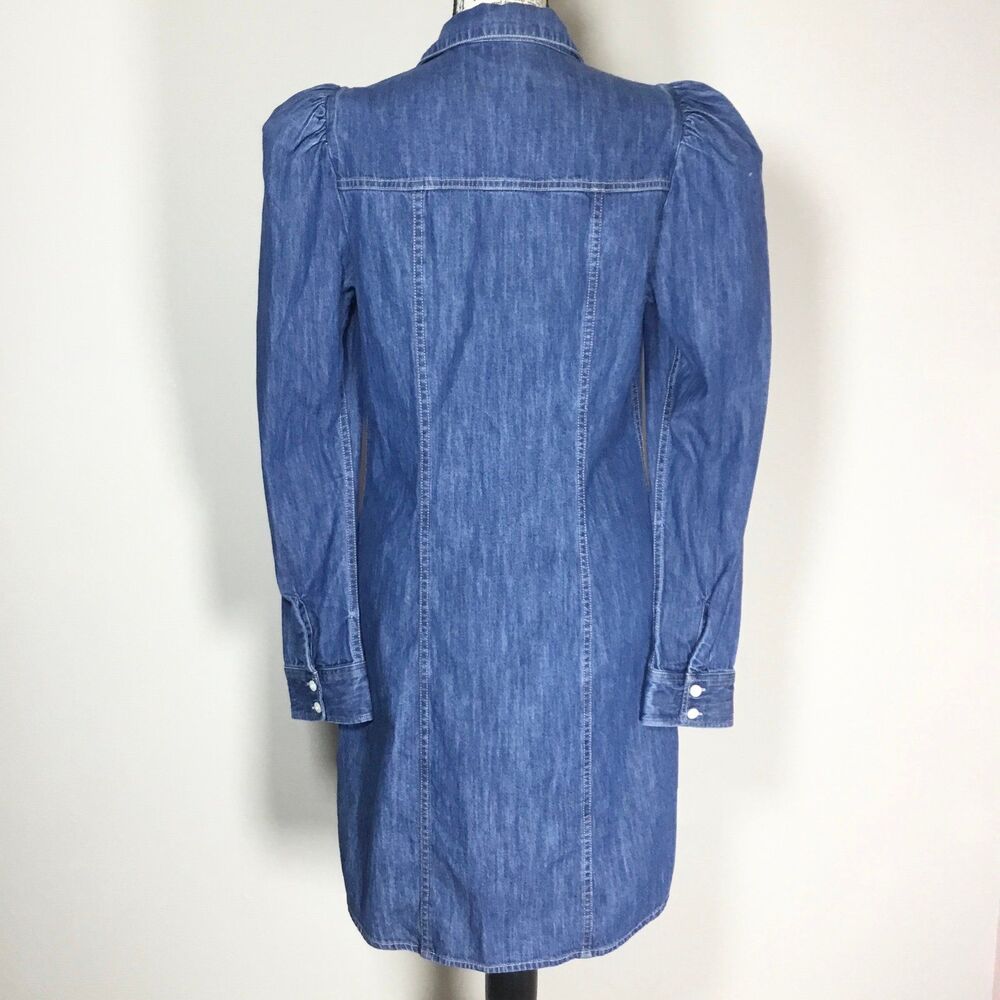 Blue denim cotton dress long sleeve button down puff sleeve western country S - Picture 5 of 6